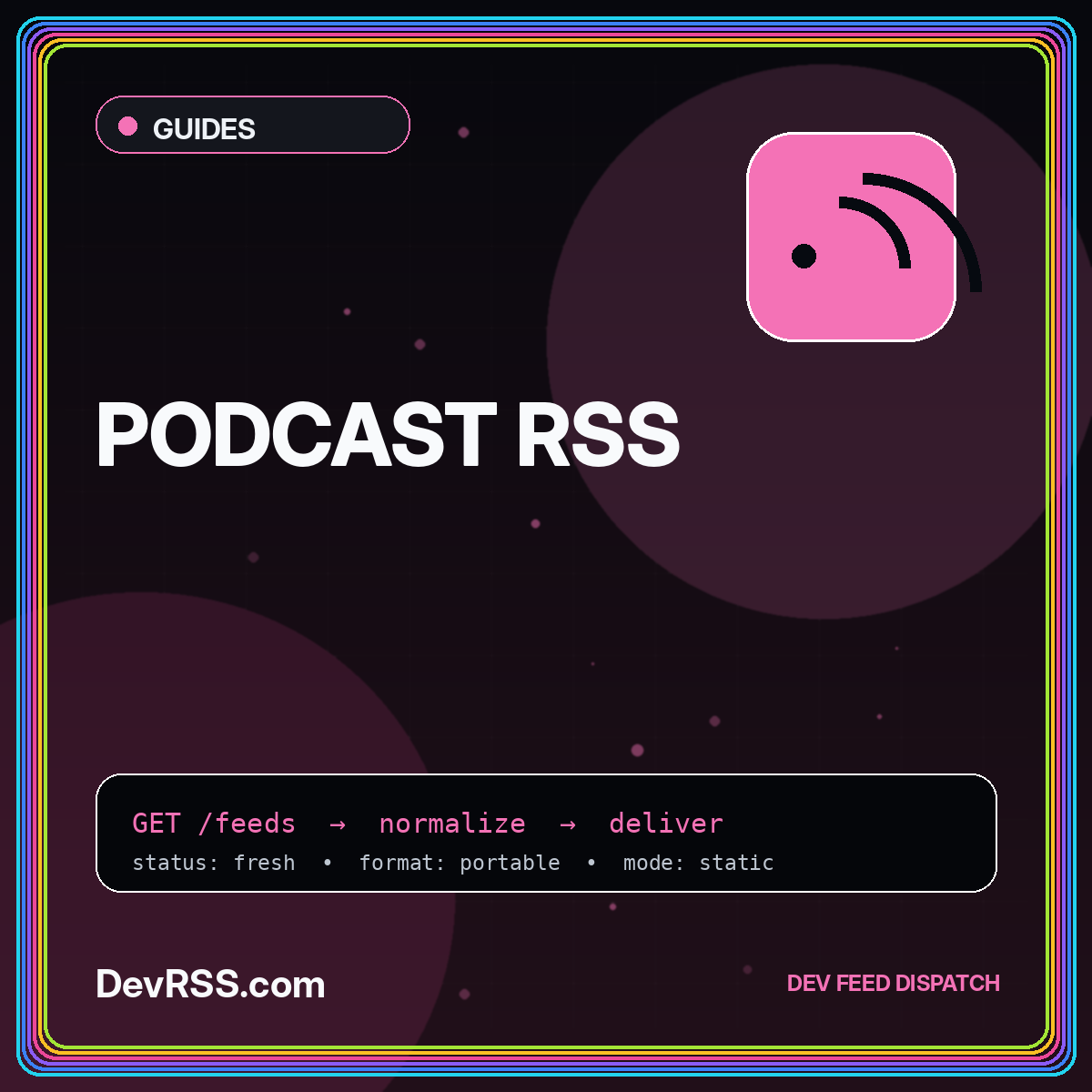 Neon typography card reading Podcast RSS with an audio waveform